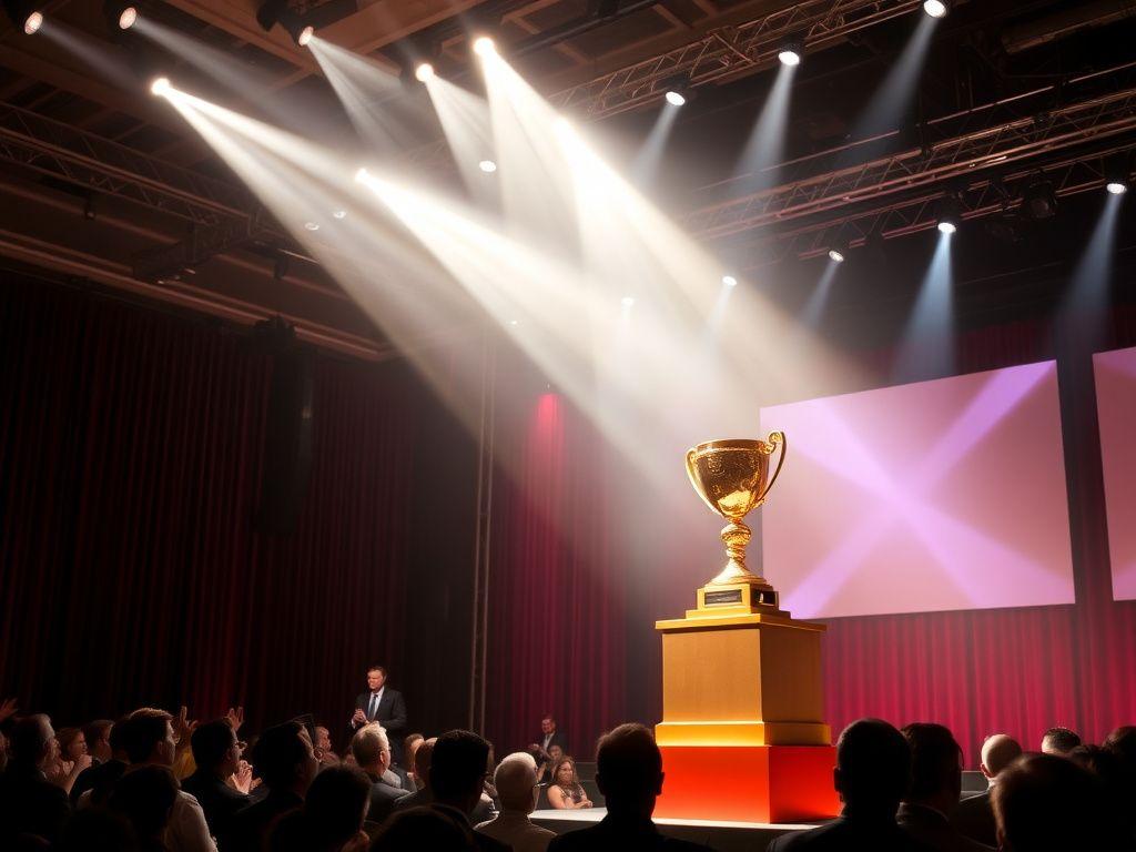 Awards night stage with golden trophy