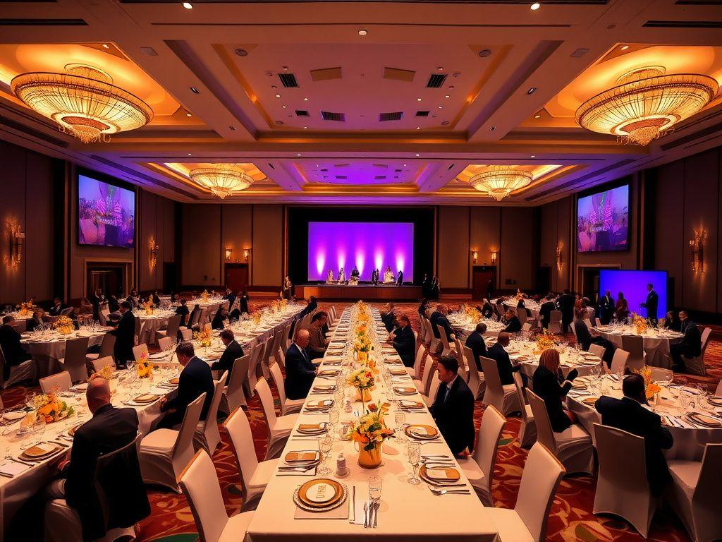 Elegant corporate dinner with stage lighting