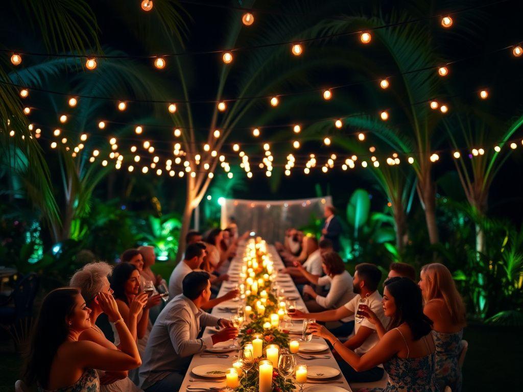 Garden celebration under string lights at night