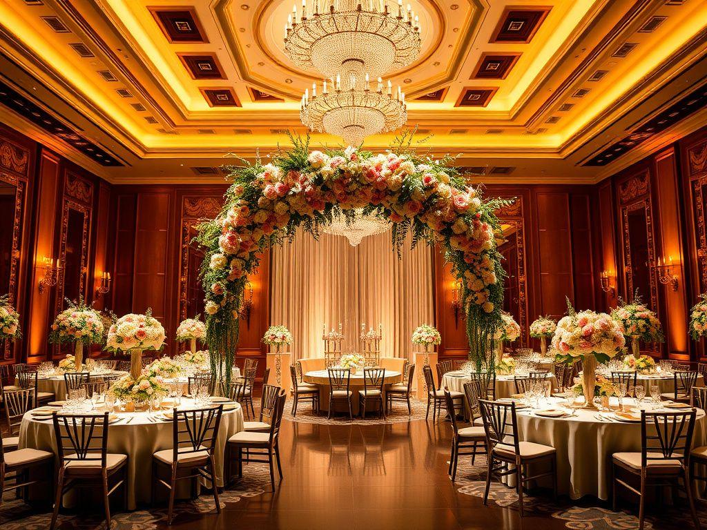 Golden-lit anniversary celebration hall