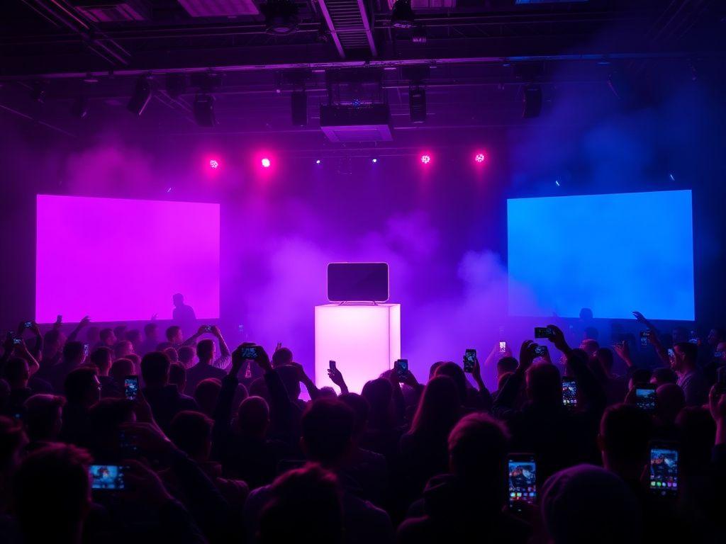 Neon-lit product reveal at a tech launch