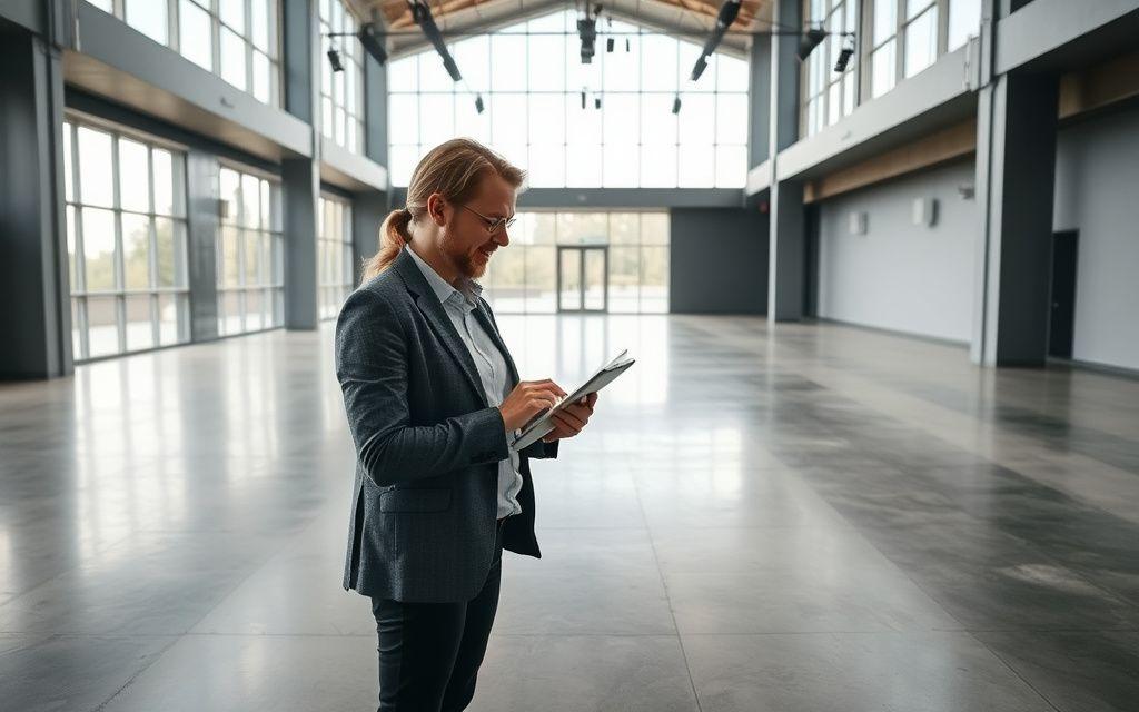 Event planner taking notes during a venue walkthrough